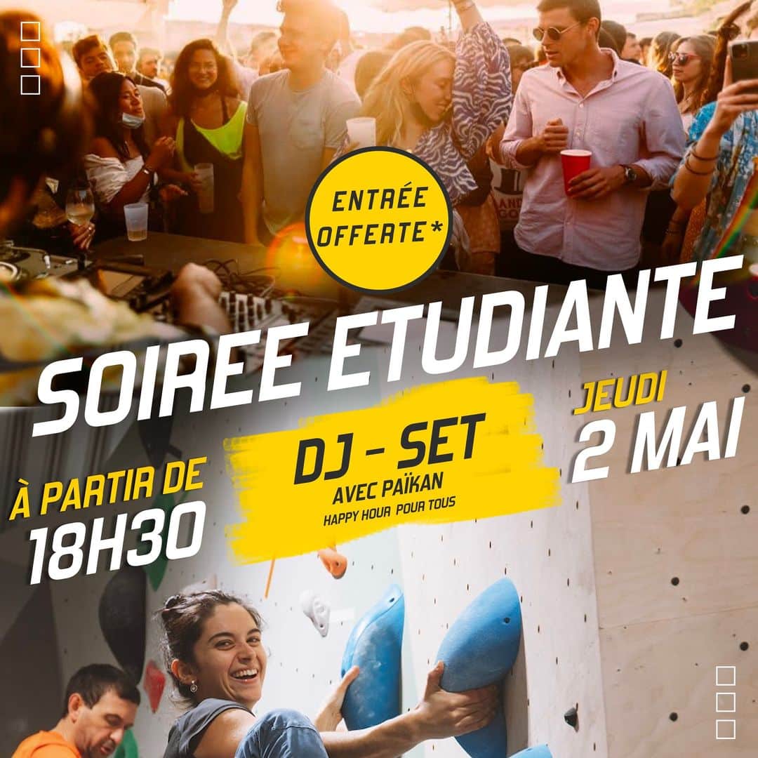 Soirée étudiante jeudi 2 mai à Vertical'Art Dijon, escalade gratuite pour les étudiants, DJ Set & Happy Hour